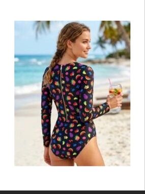 kate spade Black Long-Sleeve  One-Piece with Multicolor Fruit Print